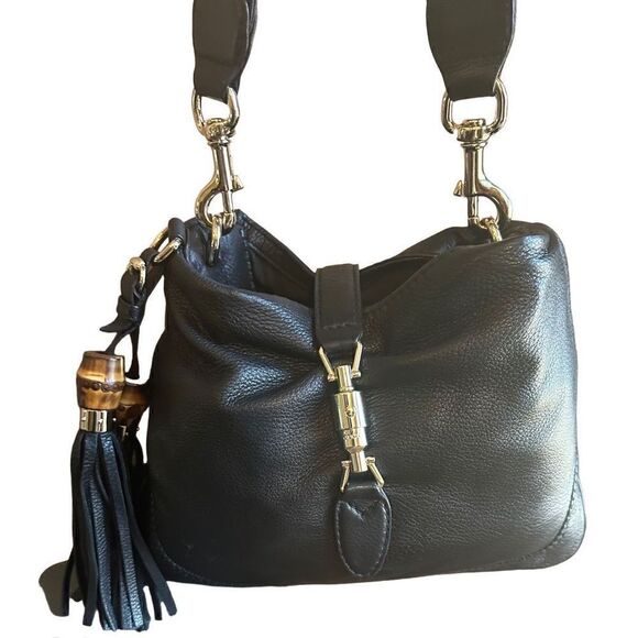 Gucci Jackie black butter cream leather shoulder bag gold hardware bamboo tassel - Picture 12 of 16
